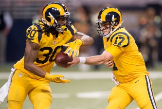 ST. LOUIS, MO - DECEMBER 17: Case Keenum #17 of the St. Louis Rams hands off the ball to Todd Gurley #30 in the first quarter against the Tampa Bay Buccaneers at the Edward Jones Dome on December 17, 2015 in St. Louis, Missouri. (Photo by Michael B. Thomas/Getty Images)